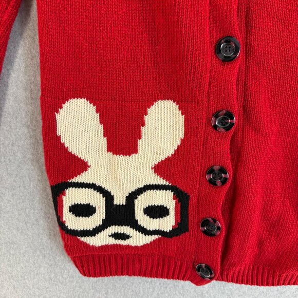 Misslook Red Hooded Cardigan‎ Bunny Rabbit Glasses Faux Fur Lining Size Large ? - Picture 3 of 11